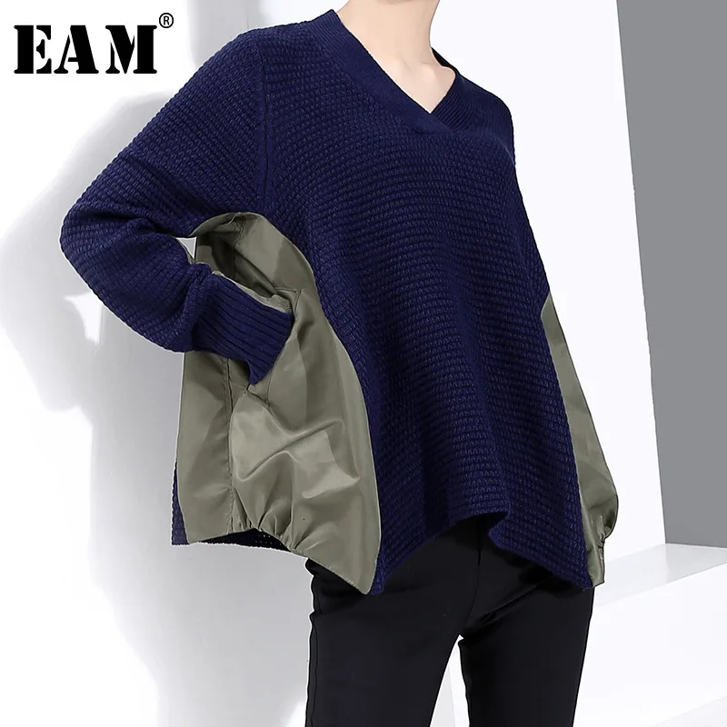 

[EAM] Split Big Size Knitting Sweater Loose Fit V-Neck Long Sleeve Women Pullovers New Fashion Tide Autumn Winter 2020 1M815