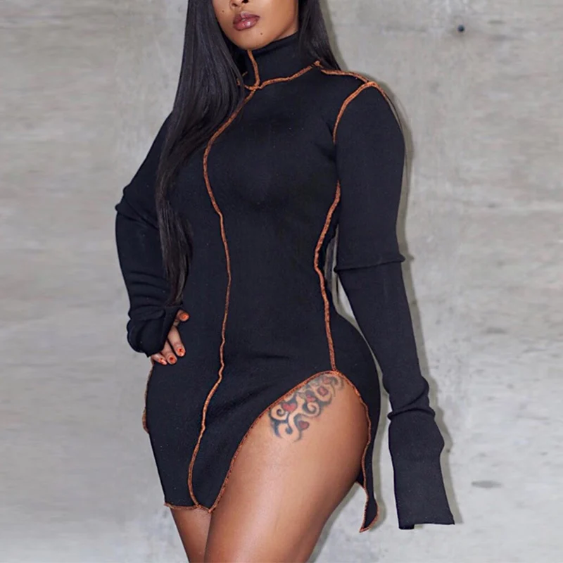 Водолазка с длинным рукавом разрезом сбоку женское платье Лоскутная Оболочка