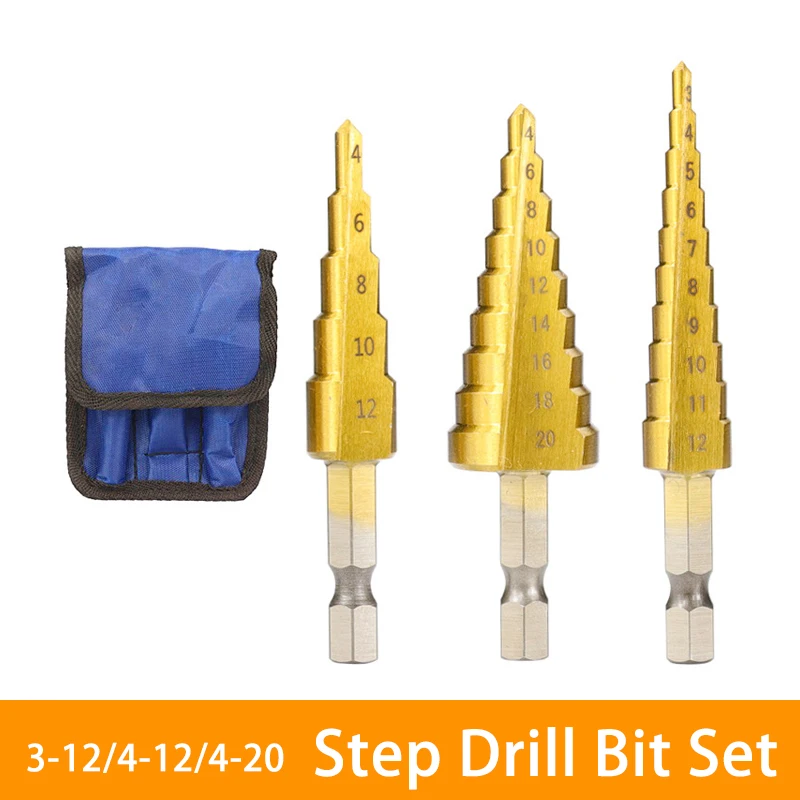 

3pcs 3-12mm 4-12mm 4-20mm HSS Straight Groove Step Drill Bit Set Titanium Coated Wood Metal Hole Cutter Core Drill Bit Set