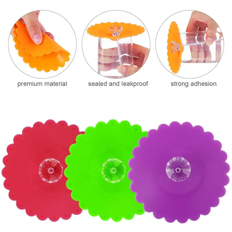 

6PCS 10.5CM Dust-Proof Silicone Mug Cover Transparent Diamond With Flower Pattern Cup Lids Drink Cup Lids (Random Color)