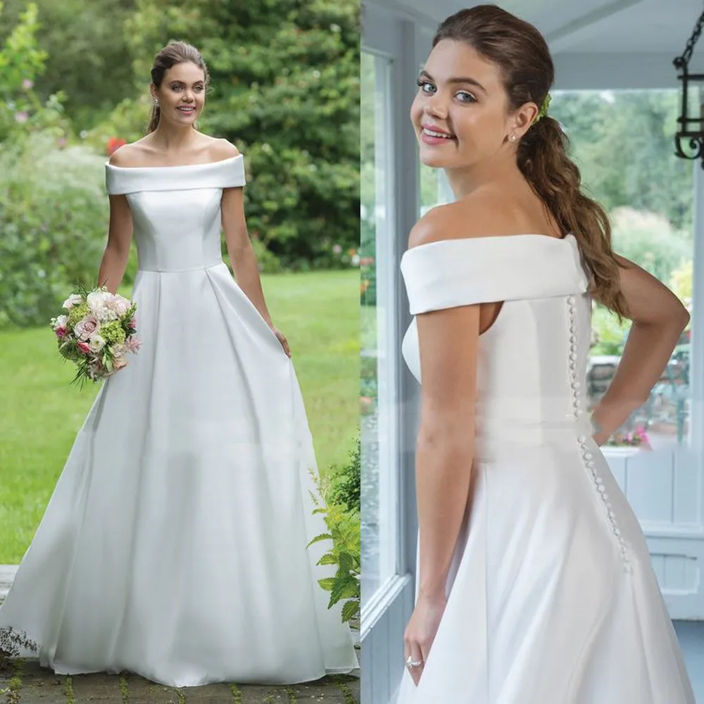 

Bateau Short Sleeves Satin A-Line Wedding Dresses Buttons Back Long Simple Bridal Gowns Custom Made Vestidos De Mariee