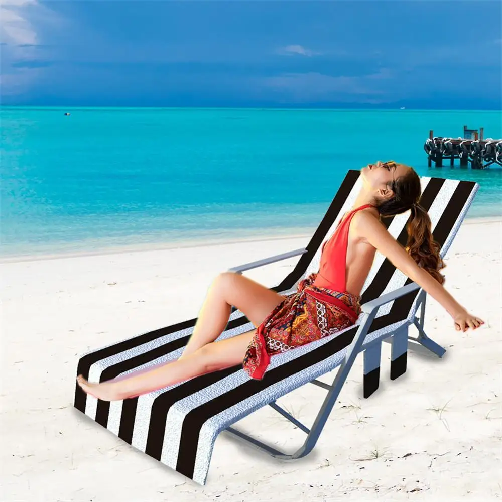 Portable Striped Print Beach Chair Towel Covers Quick Dry Lounge Chair Towel Covers With Pocket For Swim Pool Outdoor Sunbathing