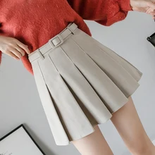 Однотонная плиссированная трапециевидная Женская мини-юбка Kawaii японская Милая повседневная юбка выше колена Студенческая юбка с поясом и высокой талией