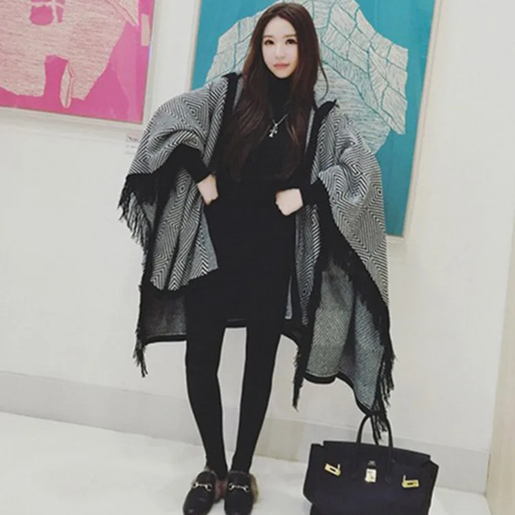 

Autumn And Winter New Style Knit Hooded Tassels Cloak Ethnic-Style Pattern Faux Cashmere Split Cloak Shawl