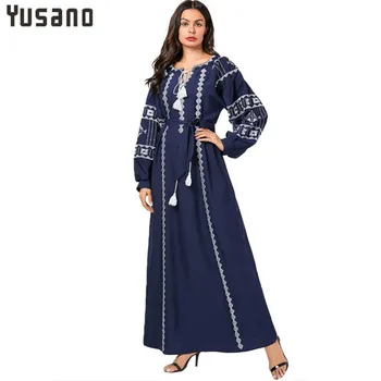

Maxi Dress Embroidered Long Sleeve Large-size Women's Wear Plus Size Dark Blue Embroidery Dubai Abayas for Female Muslim Dress
