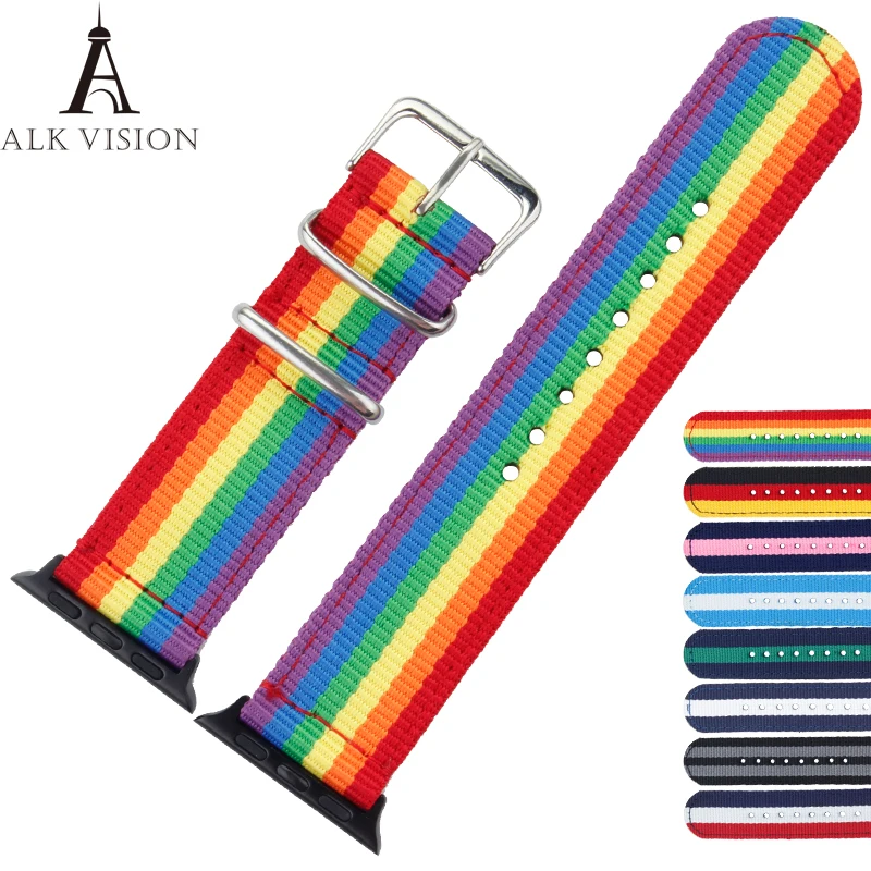 

ALK Nylon Apple Watchband 44mm LGBT Pride Rainbow Canvas Apple Watch Band Belt Strap for iWatch 4/3/2/1 38 40 42 44mm Accessory