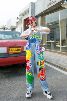 

Large size tide brand 2020 spring new casual personality printing hole Korean denim overalls female 7728