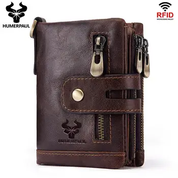 

Head Layer Cow Leather Men's High Quality RFID Wallet with Chain Anti-Theft Male Purse Soft Money Bag Casual Cards Holder