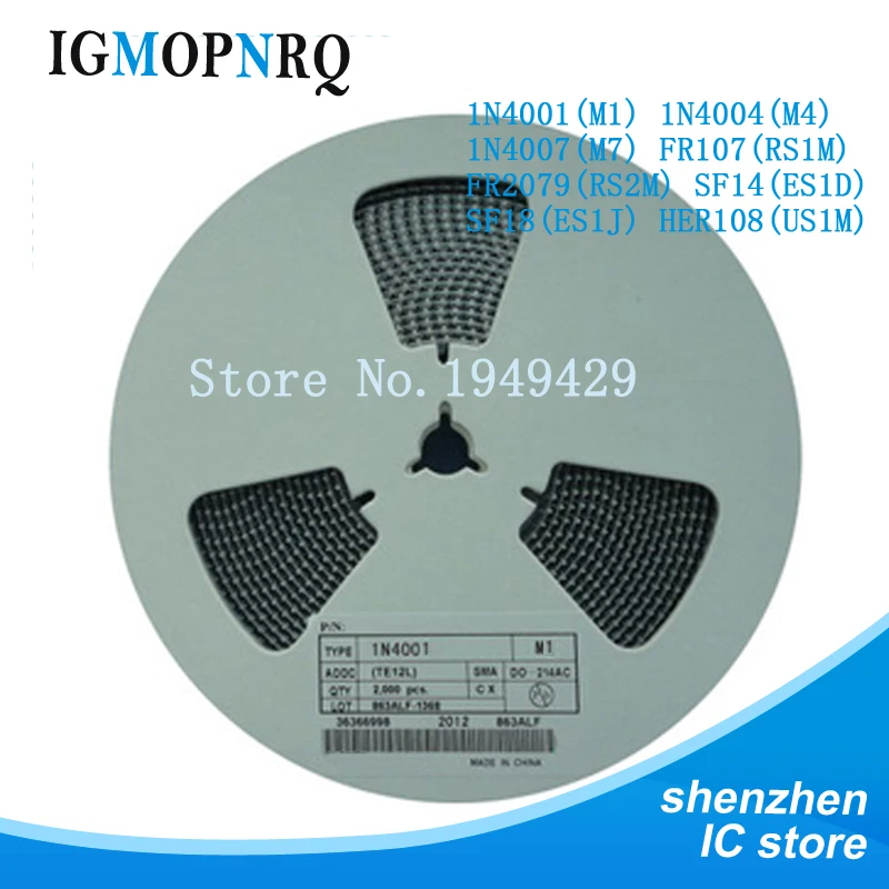 

2000PCS 1N4001 M1 1N4004 M4 1N4007 M7 FR107 RS1M FR207 RS2M HER108 US1M SF18 ES1J SF14 ES1D DO-214AC SMA Rectifier diode
