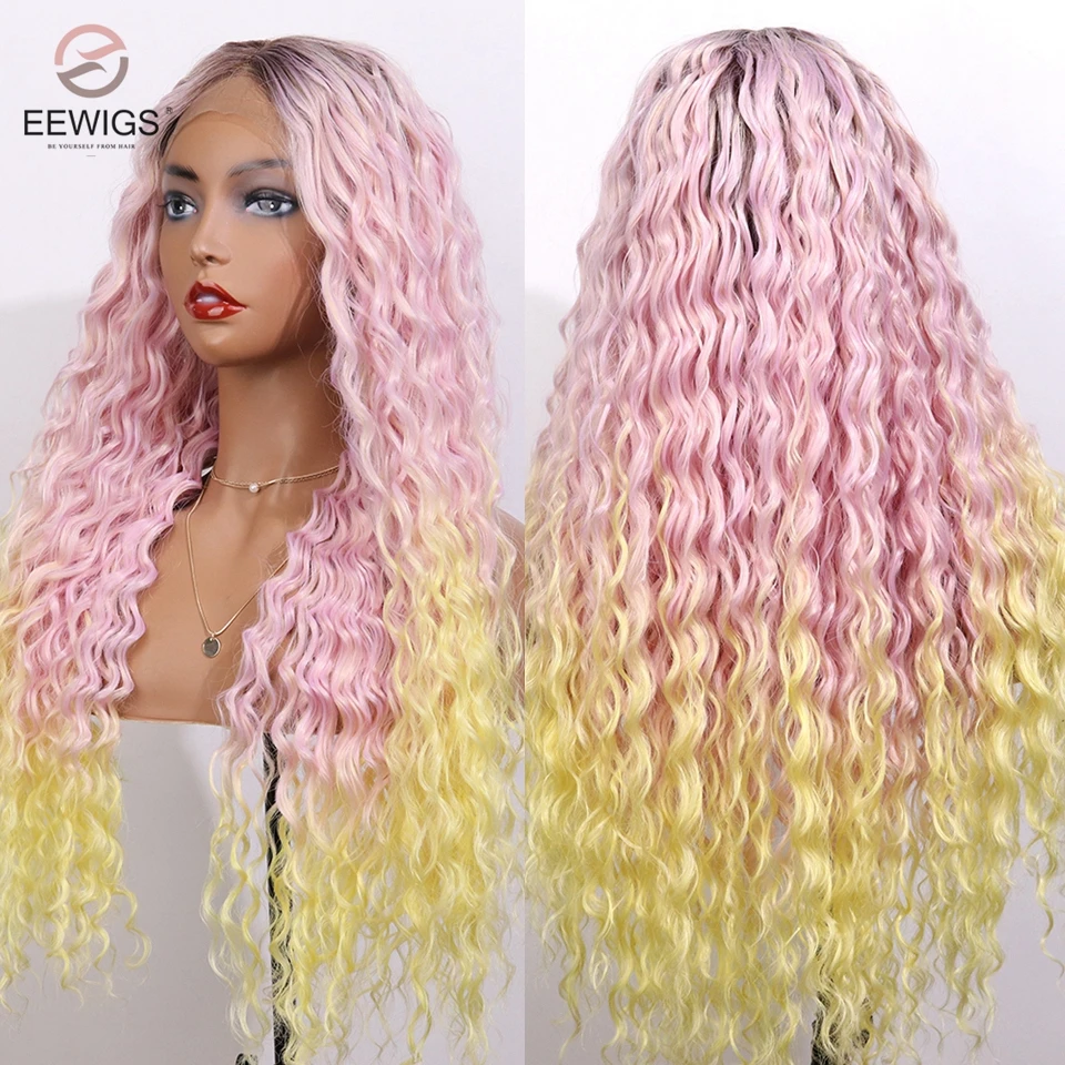 

EEWIGS 180 Density Curly Wig Heat Resistant Hair Synthetic Lace Front Wig 3 Tone Color Pink To Yellow Ombre Wigs For Black Women