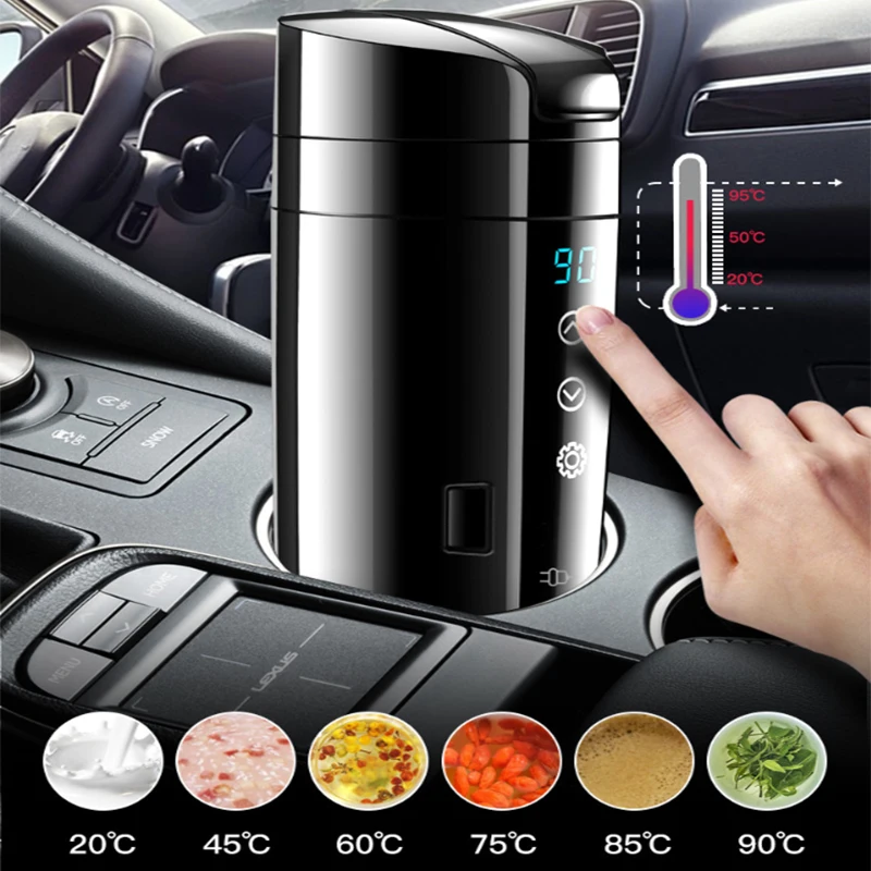 400ML Car Heating Cup Real-time Temperature 12V Heated water Mug Kettle Stainless Steel Travel Electric Coffee With Cable | Автомобили и
