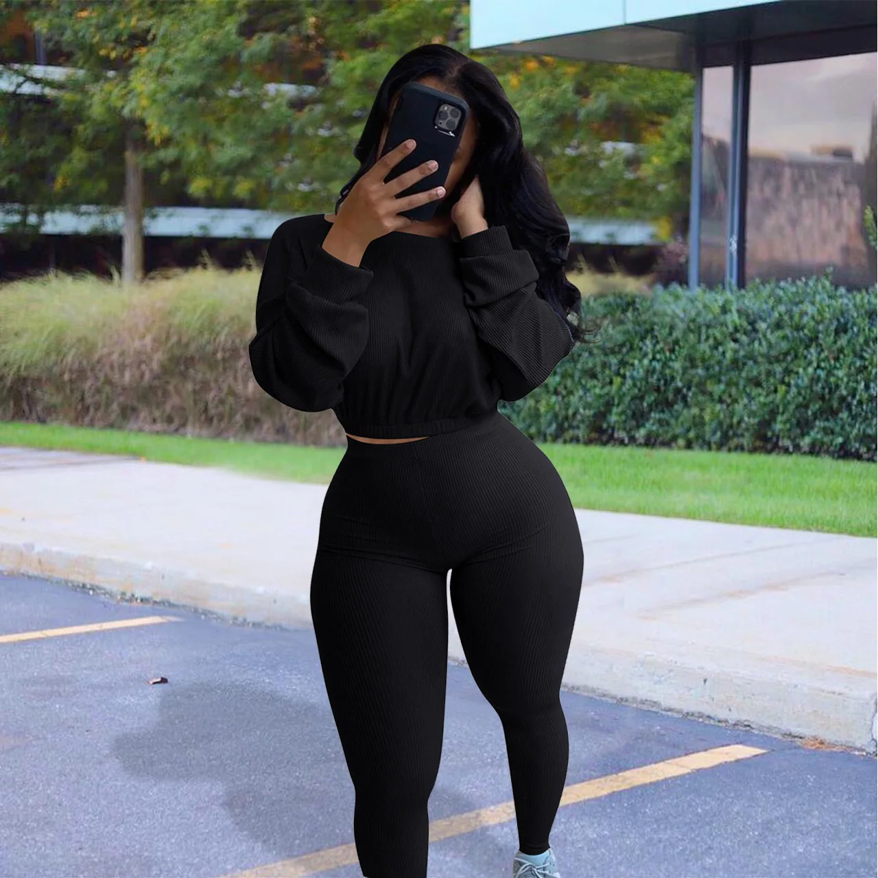 Imcute Autumn Winter Women Sweatpants Suits Set Solid Color Causal Crop