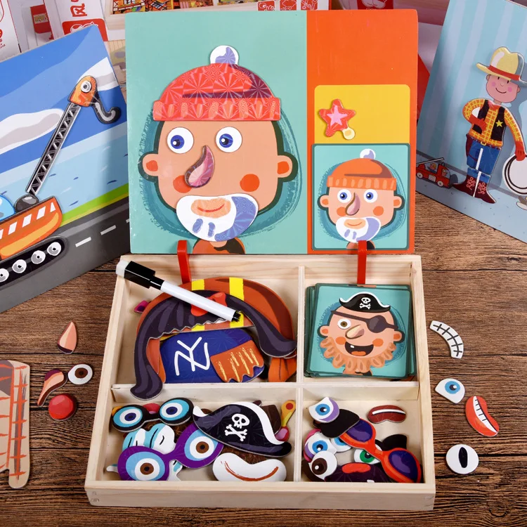 Магнитная головоломка для раннего образования, Когнитивное сопряжение, полезная интеллектуальная Магнитная паста, особенности лица, деревянные игрушки - Цвет: Сиренево-синего цвета