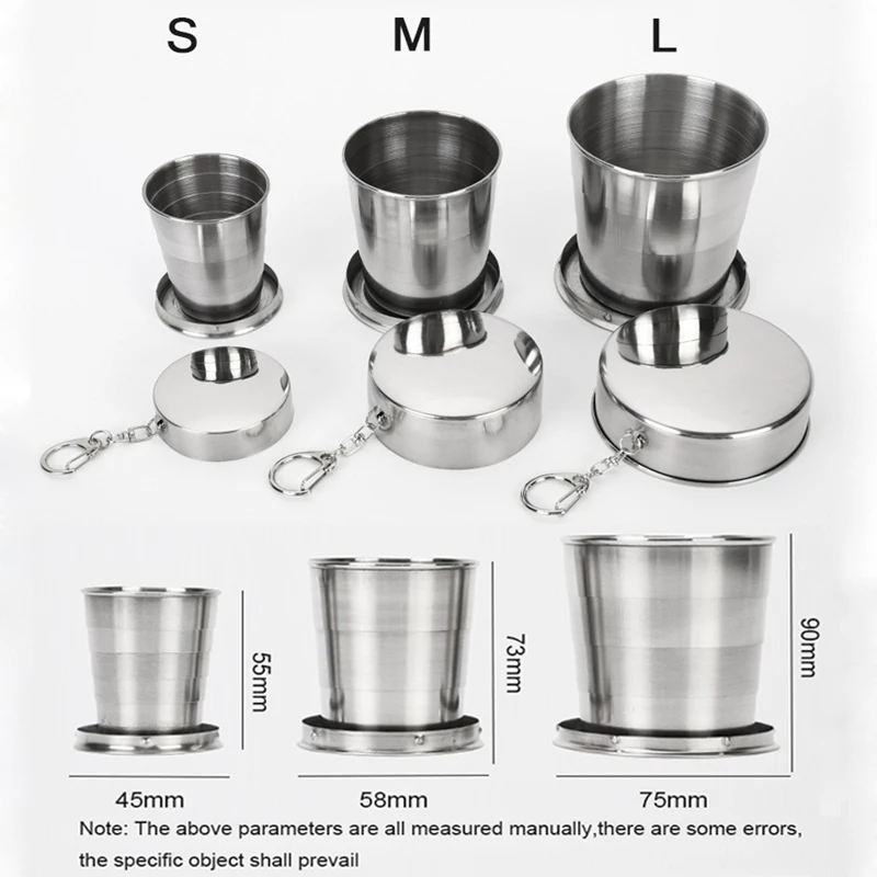 Stainless Steel Folding Cup with Keychain Portable Telescopic Cup Outdoor Travel Hand Water Cup with Lid Wine Glass Coffee Cup Folding Cup Tea Cup Coffee Mug