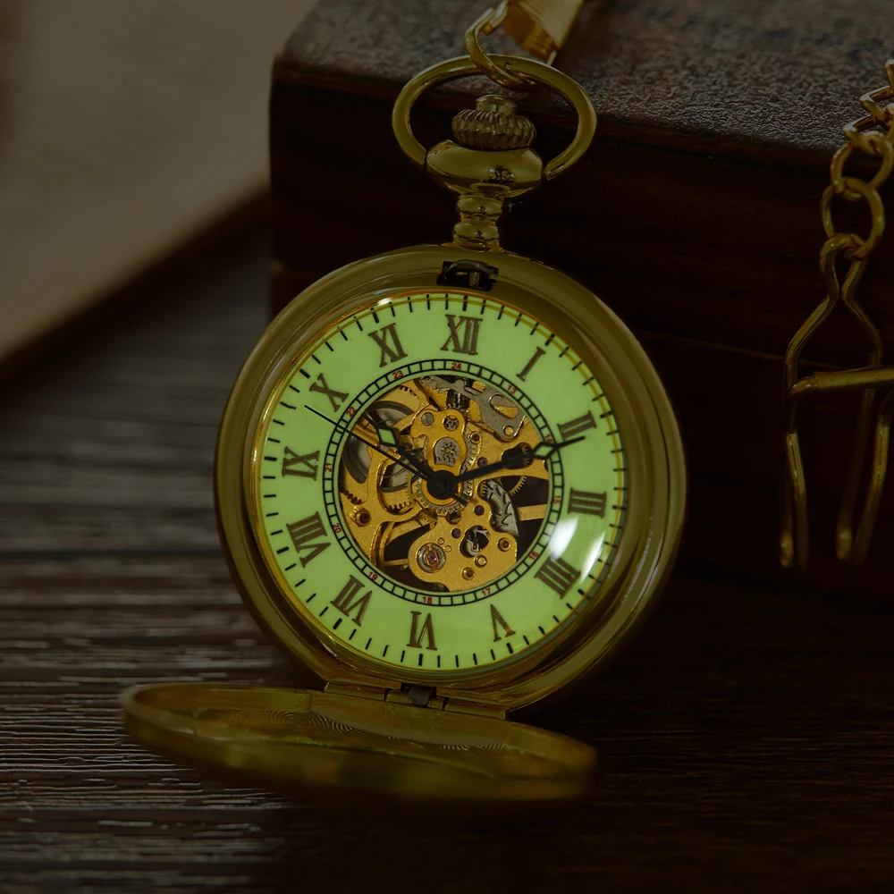 Luminous Skeleton Mechanical Pocket Watch Cover Fob Chain Gift Men Steampunk Pendant Gifts Women
