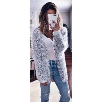 

2020 Autumn Winter Women Plush Cardigan Fashion Long Sleeve Fluffy Warm Sweater Coat Female Solid Color Slim Cardigans Sweater