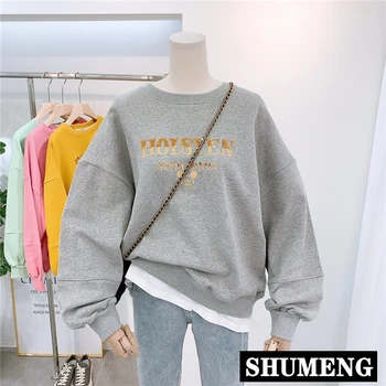 

Women Streetwear Cotton Sweatshirt 2020 Ulzzang Loose Hoodie Femme Splicing Mock Two-Piece Embroidery Letter Sequined Hoodies