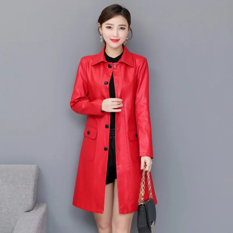Осенне-зимние женские Куртки из искусственной кожи, большие размеры 5XL, модная Длинная женская куртка, Тренч, пальто с отложным воротником, женская верхняя одежда - Цвет: Красный