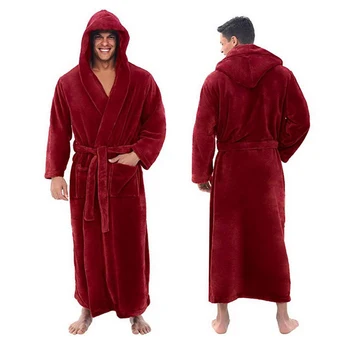 

Winter Men BathRobe Flannel Hooded Thick Casual Winter Autumn Long Kimono Robe Warm Home Sleepwear Bath Robe Pajama Nightgown