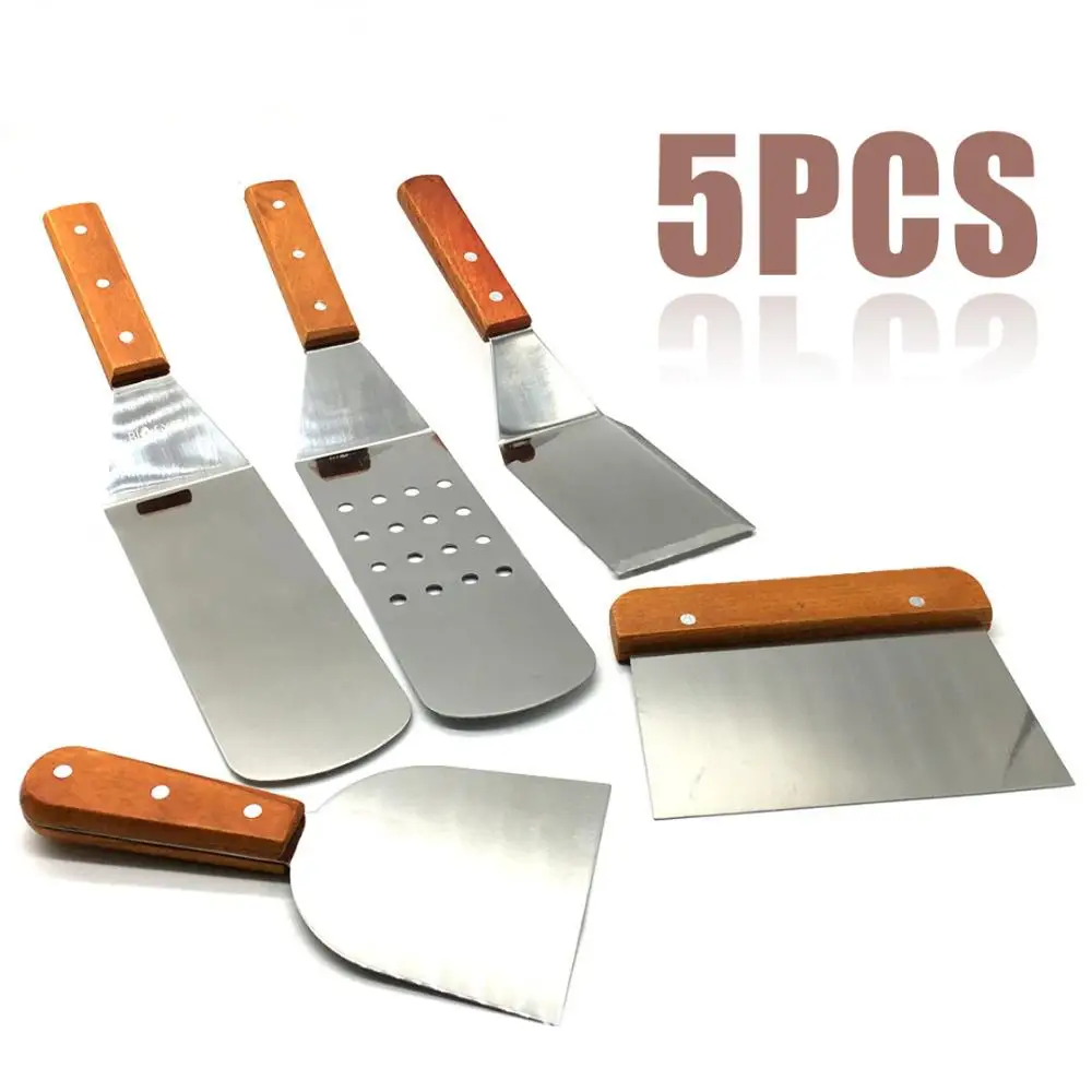 

5Pcs Stainless Steel Spatula Set With Wood Handle For Grill Griddle Grasping Cutters Spade Pastry BBQ Tools Kitchen Utensils