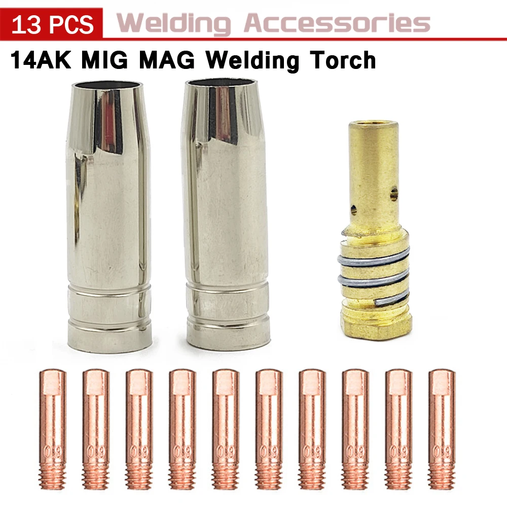 

13Pcs MIG Torch Consumables 0.6mm 0.8mm 0.9mm 1.0mm 1.2mm Welding Tips Gas Nozzles Diffuser for EU Style 14AK Welding Torch