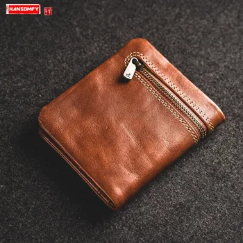 

Soft Leather Short Wallet Mini Wallets Male Small Coin Purse Cowhide Card Holder Casual Men's Zipper Ultra-thin Handmade Men