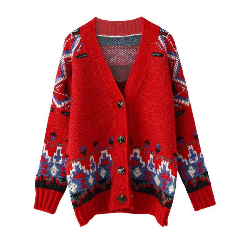 PERHAPS U women sweater knitted long sleeve cardigans red beige green geometric loose V neck autumn winter National style M0209