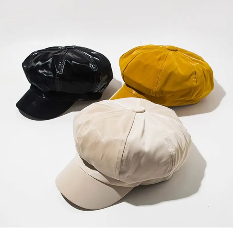 Женский Британский винтажный искусственный кожаный берет кепка осень зима сплошной цвет водитель, разносчик газет Кепка маляра остроконечная восьмиугольная кепка