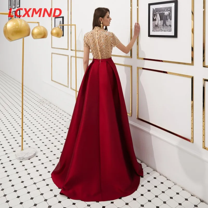 High Neck Short Sleeve Prom Dresses Sweep Train Satin A Line Formal Party Prom Gown for Women New Evening Dress Plus Size