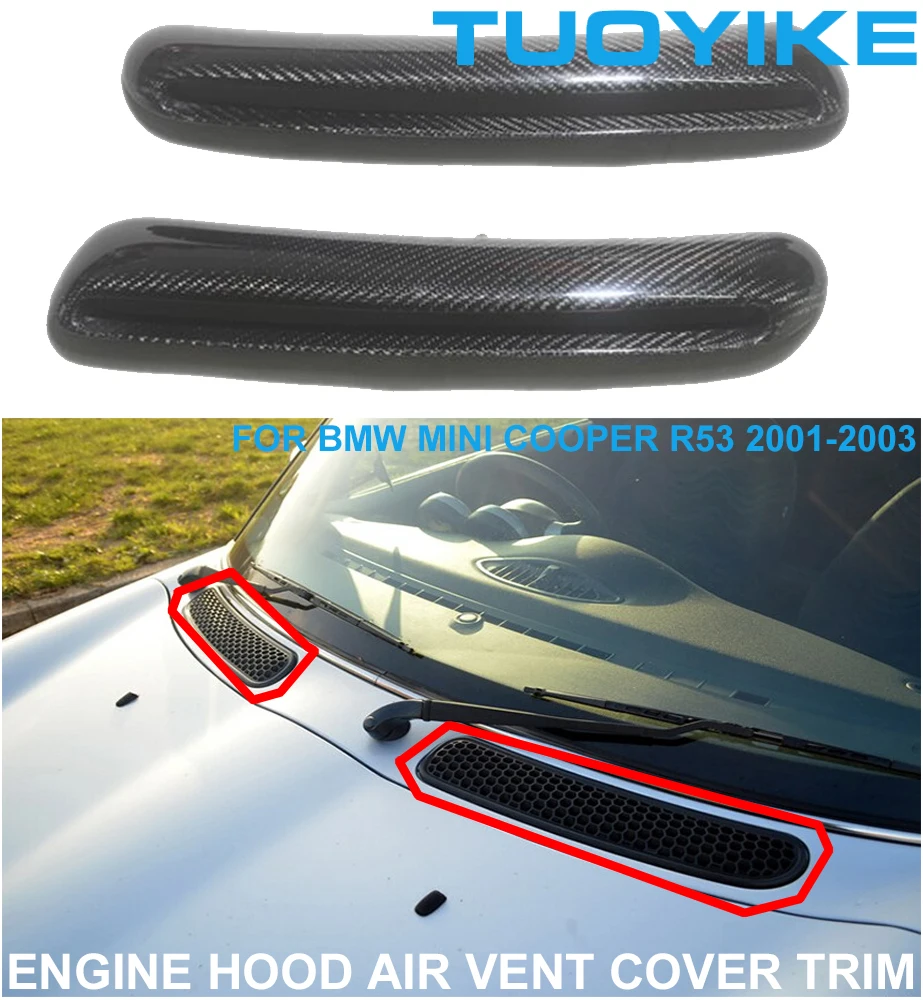 

2PCS Car Real Carbon Fiber Front Engine Hood Bonnet Air Vent Trim Cover Outlet Flow Intake For BMW Mini Cooper R53 2001-2003
