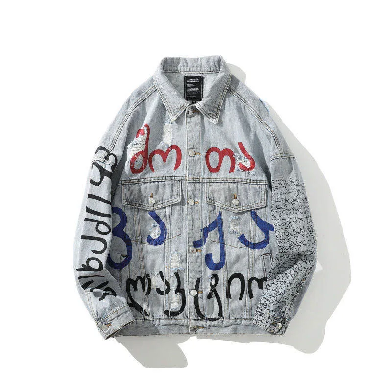 

2020 new 19ss hip-hop graffiti handsome denim pullover jacket male ins tide brand loose long-sleeved jacket autumn