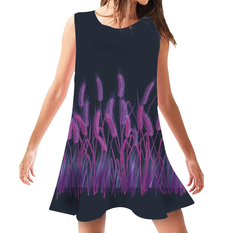

2019 Summer Casual Dress Loose Short Dresses O Neck Sleeveless Sundress Sexy Plant Print Beach Wear Female Clothing Vestido