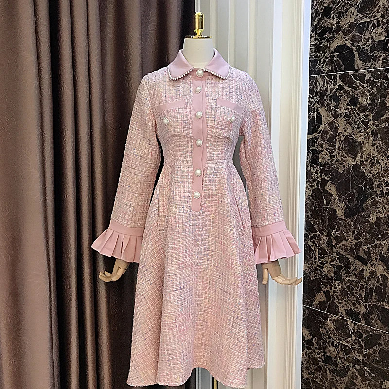 winter temperament elegant lapel beaded diamond waist slim Slim a-line dress