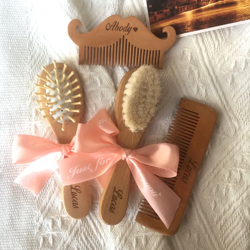 Personalized Name Baby Bathing Comb Baby Care Hair Brush Pure Natural Wool Wood Comb Newborn Massager Shower Registry Gift