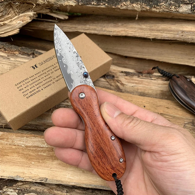 

Handmade red rosewood Damascus Tactical Folding Knife VG10 Collection Hiking Camping Hunting Knives