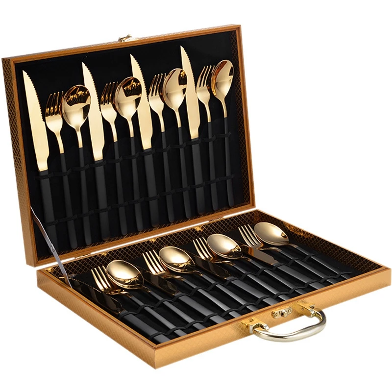 

24PC Black Gold Western Tableware Set Stainless Steel Fork and Spoon