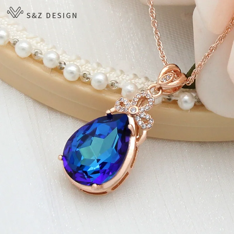S&Z DESIGN New Luxury Cubic Zirconia Water Drop Colorful Crystal 585 Rose Gold Color Pendant Necklace For Women Wedding Jewelry