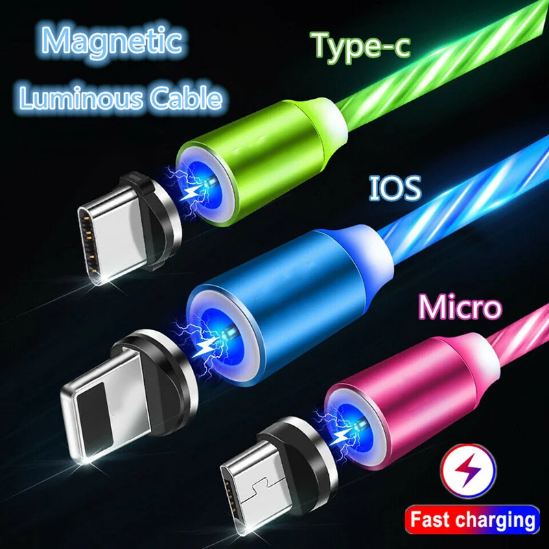 1 м 360 ° светодиодный плавный свет Магнитный type-C USB-C Micro USB Android зарядный кабель для iPhone X 8 7 6 для samsung S8 LG