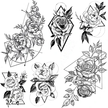 Compasses Peony Temporayr Tattoo Sticker For Women Triange Flower Arm Tattoos Water Transfer Body Art Fake Rose Tattoos Floral