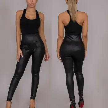 

Women Faux Leather PU Shinny High Waist Stretch Leggings Pants Wet Look Pants