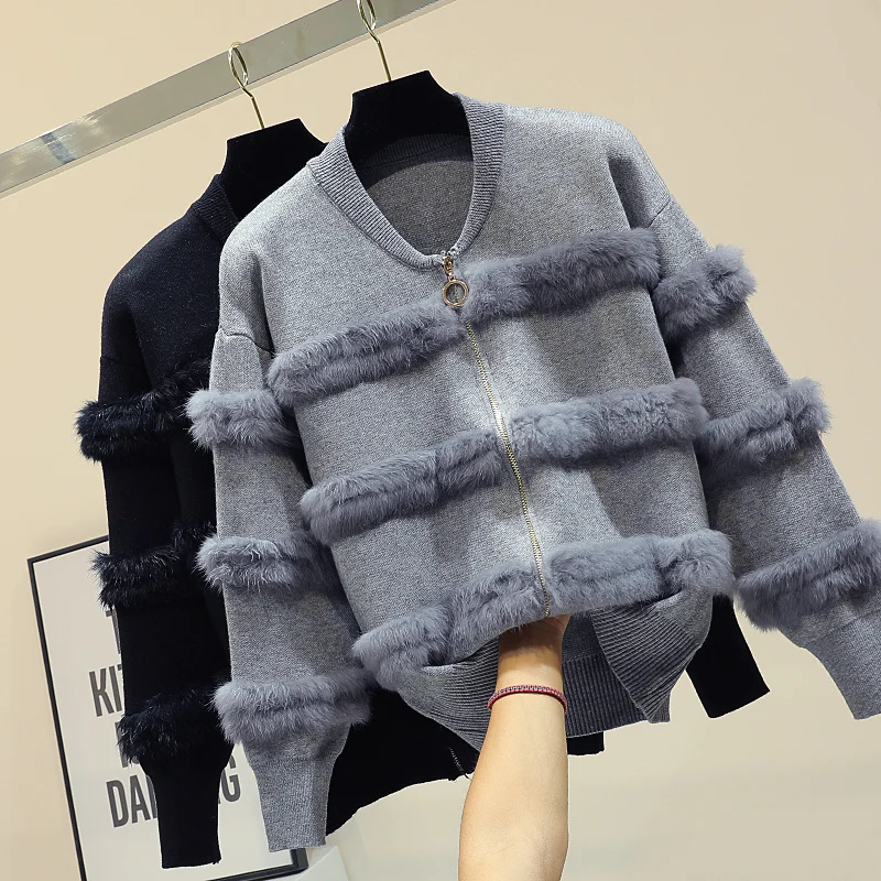 ^*Best Offers Chic Rabbit Fur Patchwork Warm Knitted Jacket Jersey For Women Zipper Design Sweaters Cardigan New Elegant Female Knitting Coat