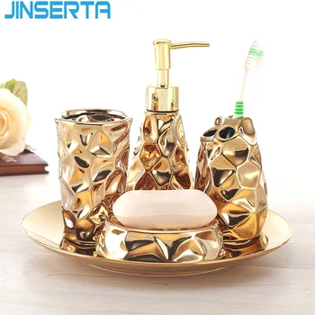 

JINSERTA Ceramic Bathroom Set Soap Dispenser Toothbrush Cup Luxury Gold Home Hotel Hand Sanitizer Shampoo Bottle Soap Tray