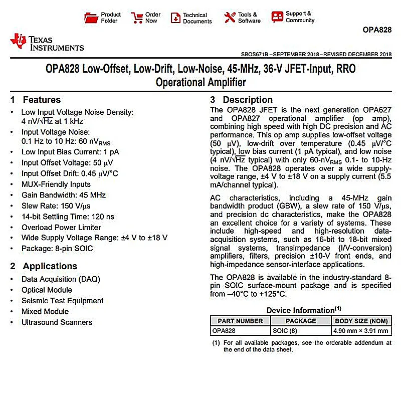 OPA828*2 Dual channel op amp Low-Offset Low-Drift Low-NoiseJFET-Input Operational Amplifier Replace 5532 opa2604 opa1612 operational amplifier