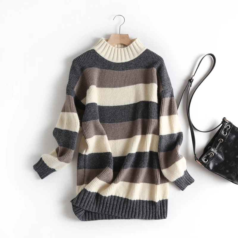 Tangada women stripe pattern oversize long jumper sweater atumn winter fashion long sleeve o neck pullovers tops BC58 - Цвет: Бежевый