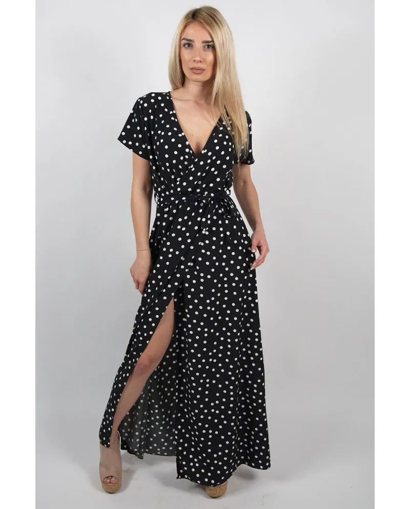 Sexy Deep V neck Short Sleeve Polka Dot Maxi Dress Women 2020 Summer Chiffon Boho Beach Plus Size Long Dresses Woman Femme Robe