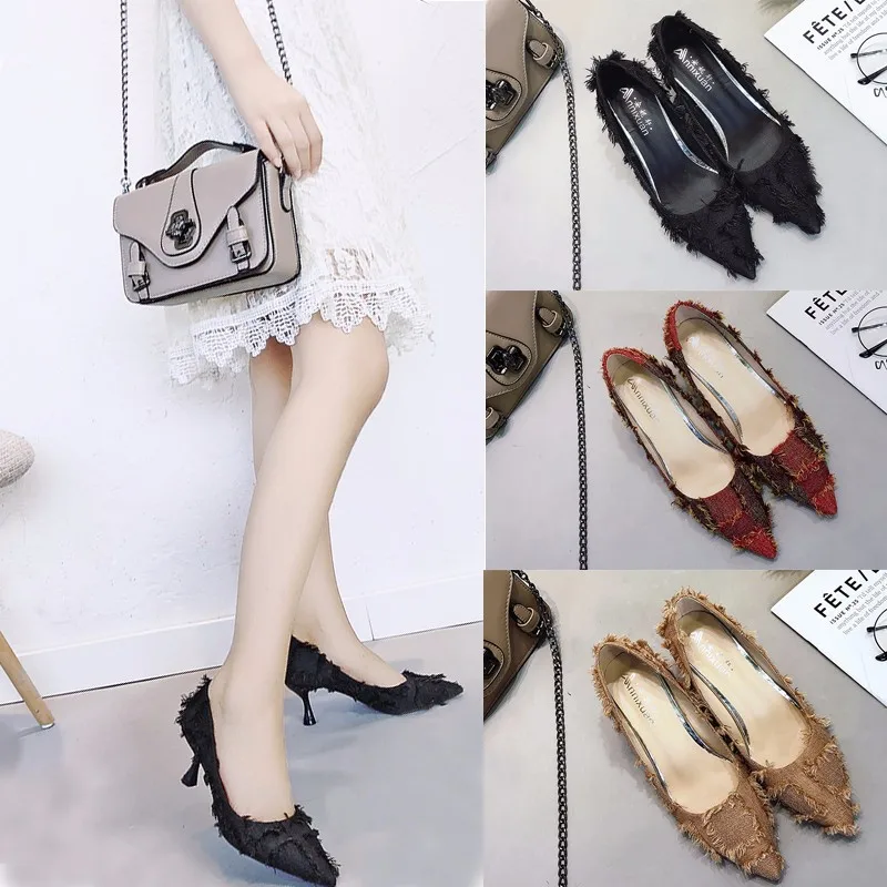 

Hallow Closed-toe Cool Shoes Pointed-Toe High Heel Shoes Thin Heeled Low-Cut-Style Business Fairy Shoes Tassels Cloth Cute Elega