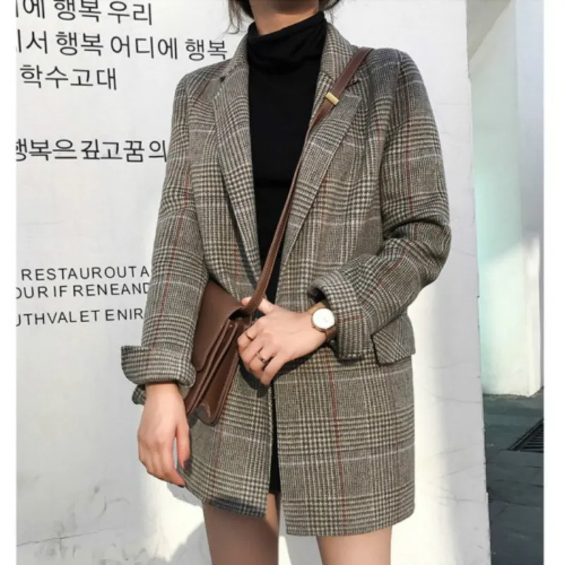 Goedkoop 2019 Nieuwe Vrouwen Mode Plaid Blazers Pak Dames Herfst Winter Plaid Losse Retro Plaid Wollen Jasje Jassen Vrouwelijke Outcoats