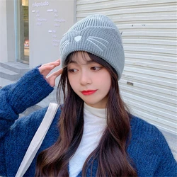 Autumn and Winter Cute Cat Pullover Knit Hat To Keep Warm All-match Sweet Cold Hat Cuffed Ears Bright Silk Warm Woolen Cap