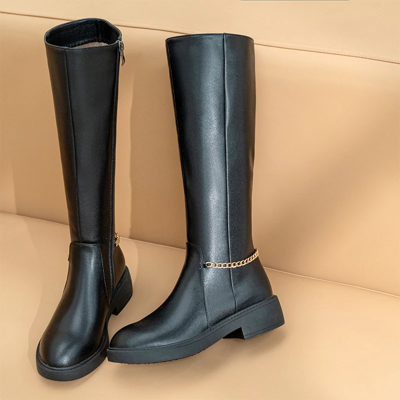 

QZYERAI Winter Genuine Leather Riding Basic Boots Women's Round Toe Slip on Luxury Brand Knee High Tall Long Wide Calf Boots