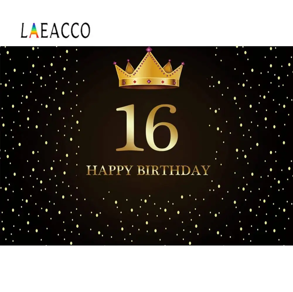 

Laeacco Happy Sweet 16th 18th 30th 40th 50th 60th Birthday Party Golden Crown Customized Banner Photo Background Photo Bacdrops